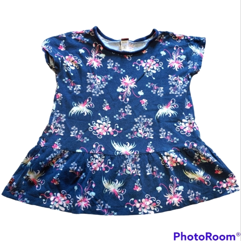 Tea Collection Girls Navy Blue with Pink Tan Floral Peplum Blouse 100% C…